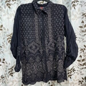Johnny Was Embroidered BOHO 3/4 Sleeve Shirt Small Rayon Navy Gray